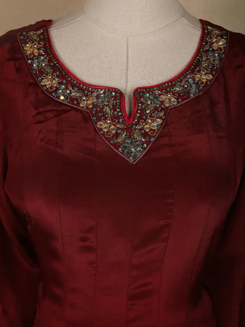 Dark Red Floral Designed Semi Silk Anarkali Salwar Suit 5