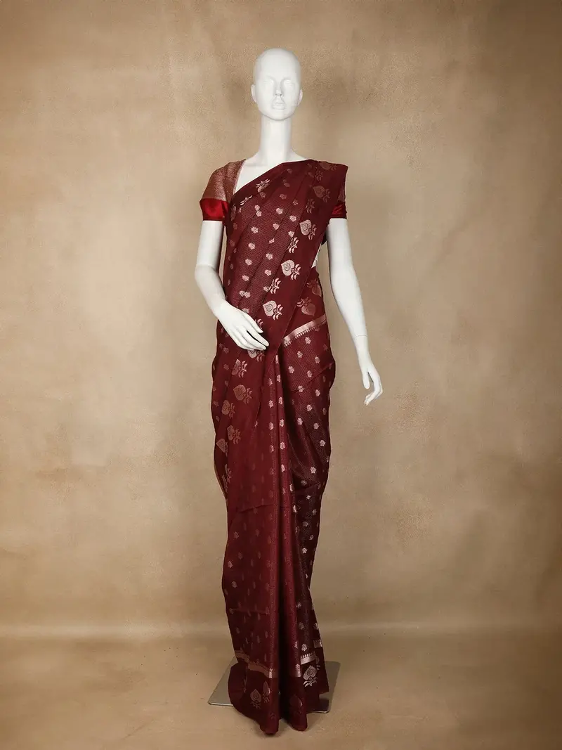 Dark Red Floral Designed Semi Silk Fancy Saree 1
