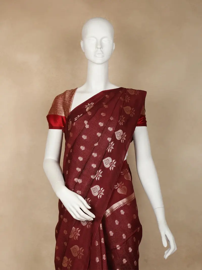 Dark Red Floral Designed Semi Silk Fancy Saree 2