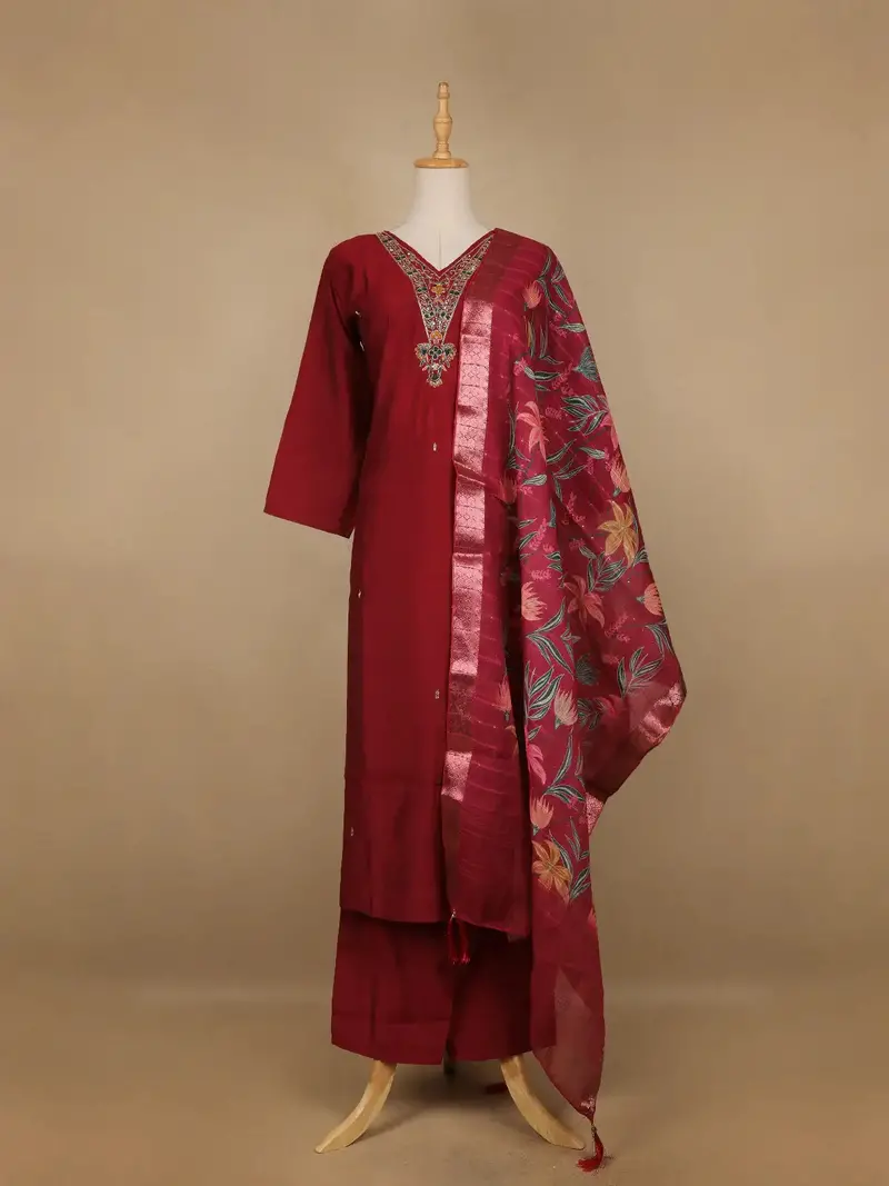 Dark Red Floral Designed Semi Silk Salwar Suit 1