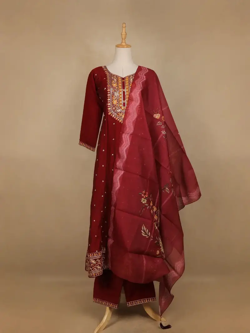 Dark Red Floral Designed Semi Silk Salwar Suit 1