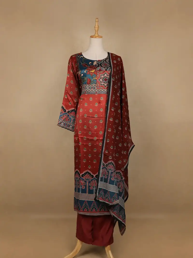 Dark Red Floral Designed Semi Silk Salwar Suit 1