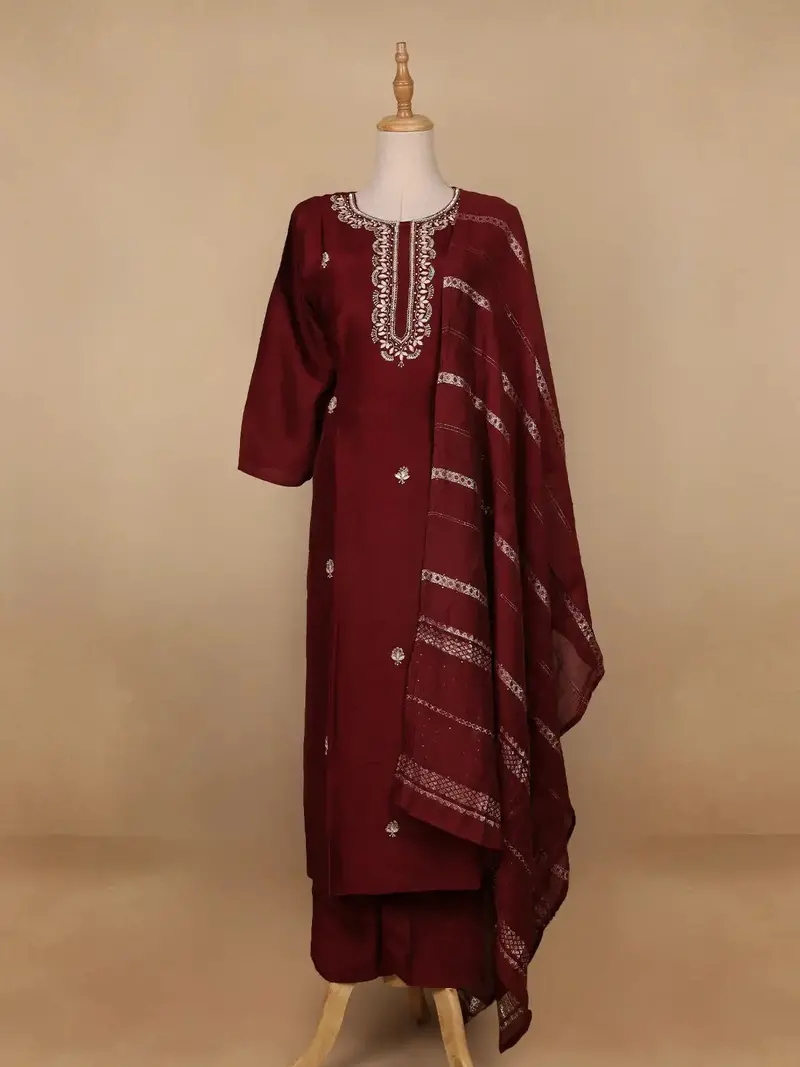 Dark Red Floral Designed Semi Silk Salwar Suit 1