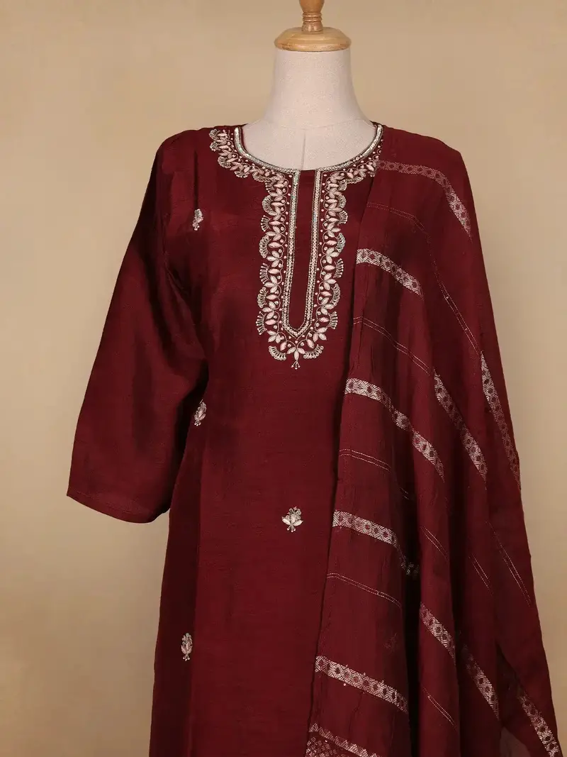 Dark Red Floral Designed Semi Silk Salwar Suit 2