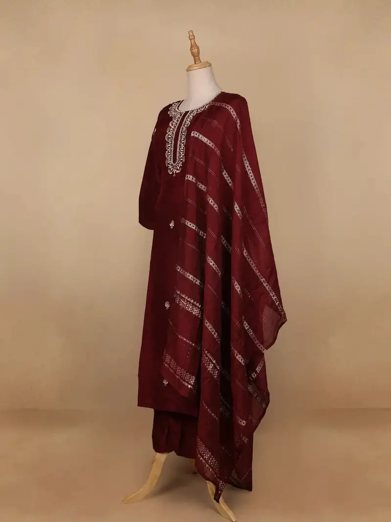 Dark Red Floral Designed Semi Silk Salwar Suit 3