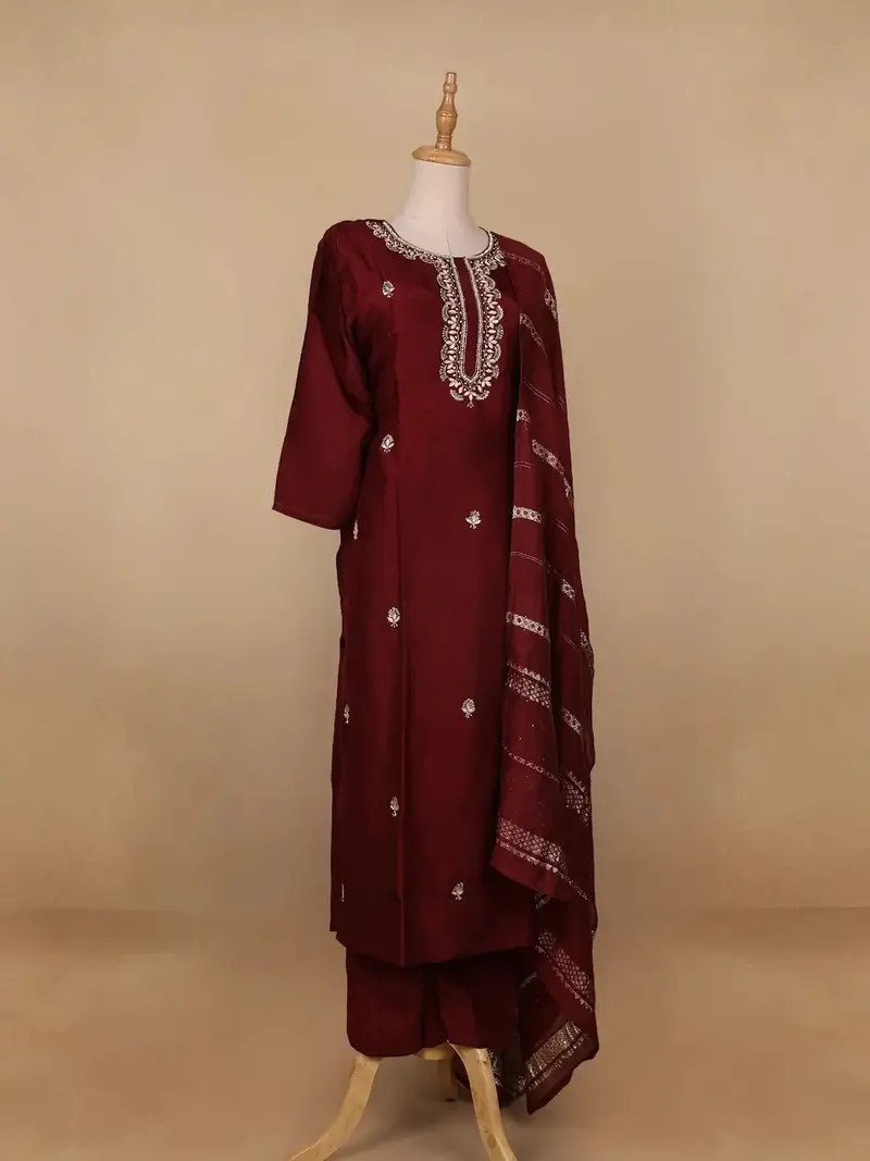Dark Red Floral Designed Semi Silk Salwar Suit 4