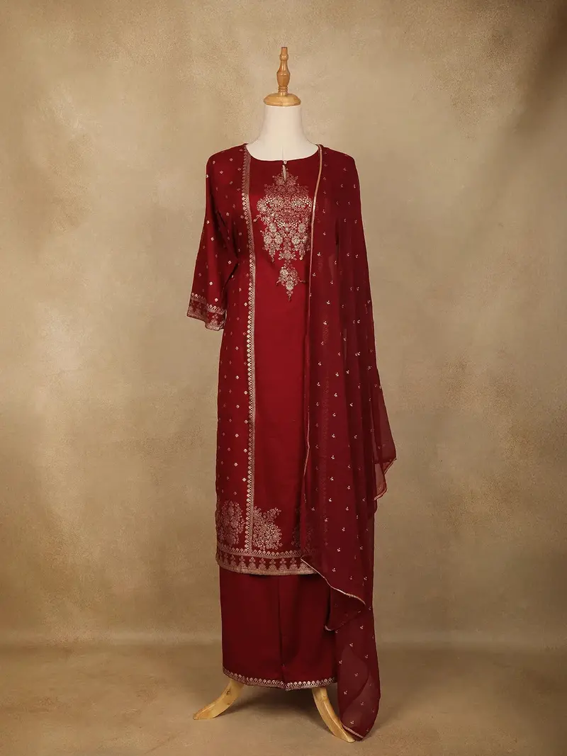 Dark Red Floral Designed Semi Silk Straight Cut Salwar Suit 1