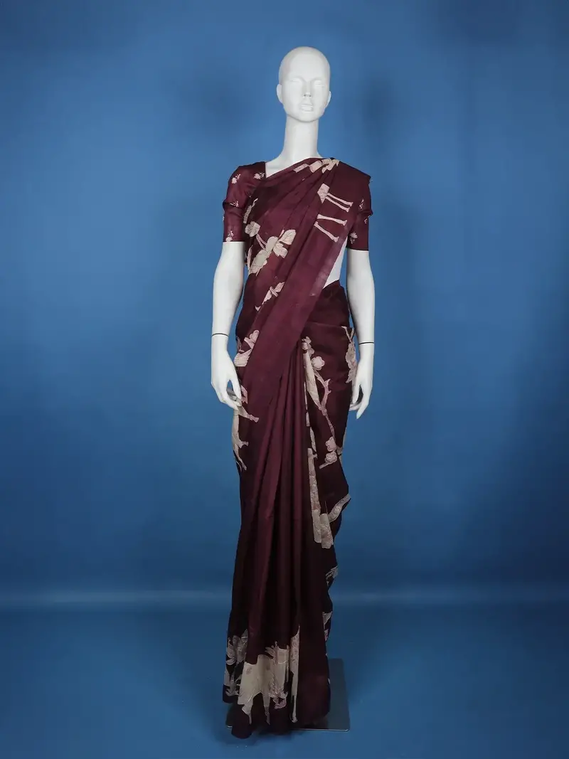 Dark Red Floral Designed Semi Tussar Saree 1