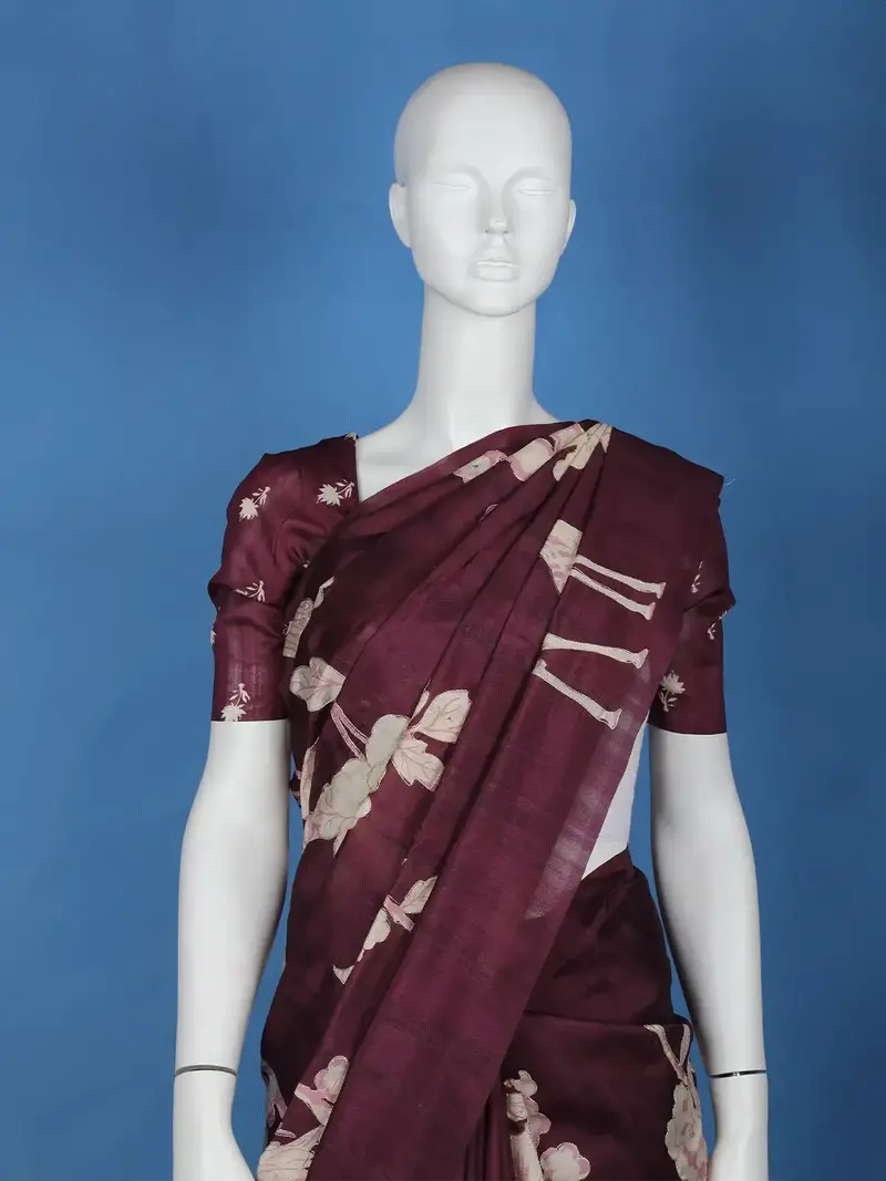 Dark Red Floral Designed Semi Tussar Saree 2