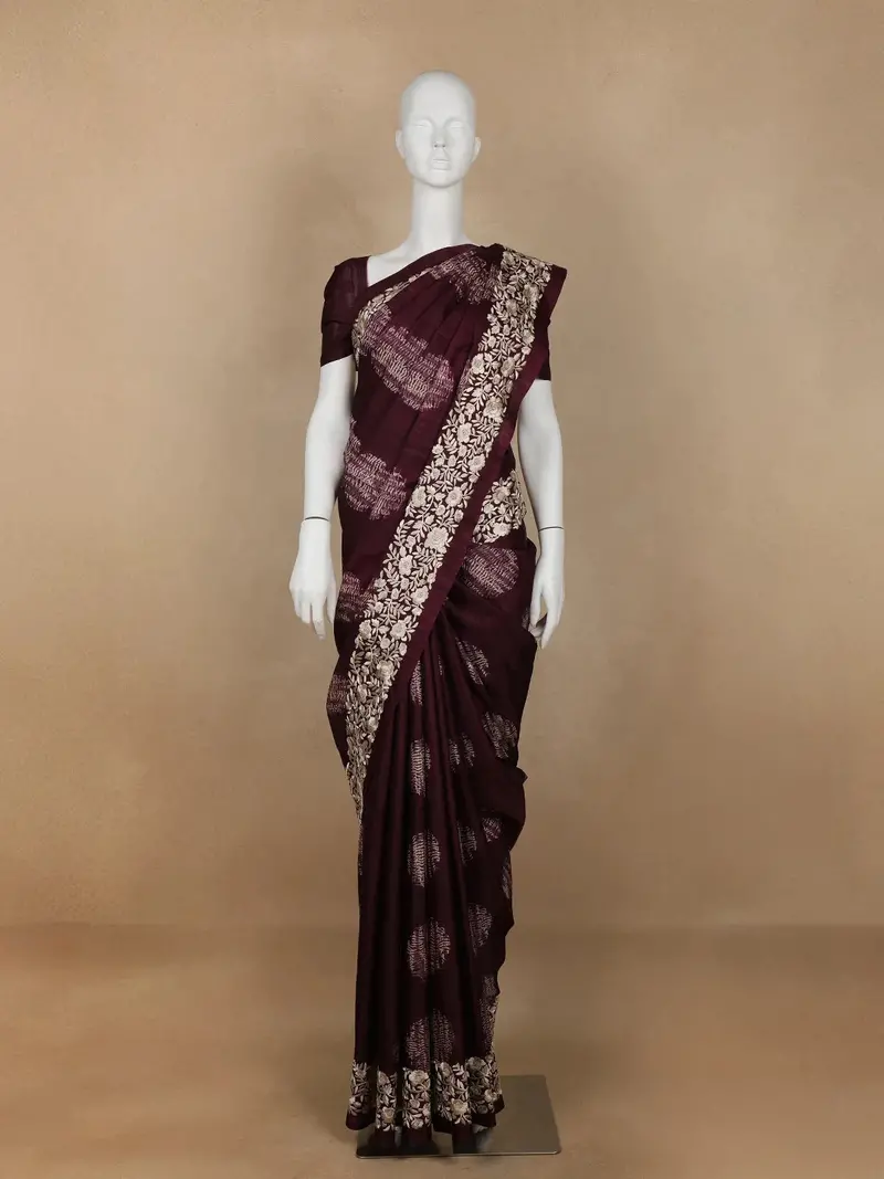 Dark Red Floral Designed Semi Tussar Silk Saree 1