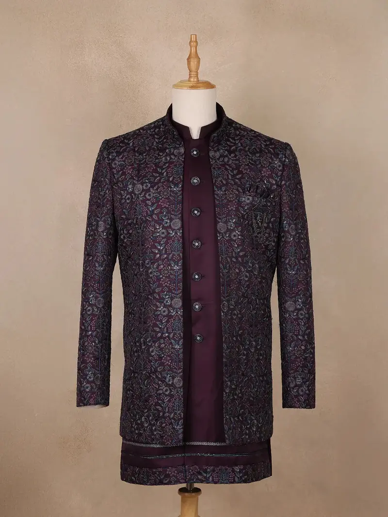 Dark Red Floral Designed Sherwani Suit For Reception 1