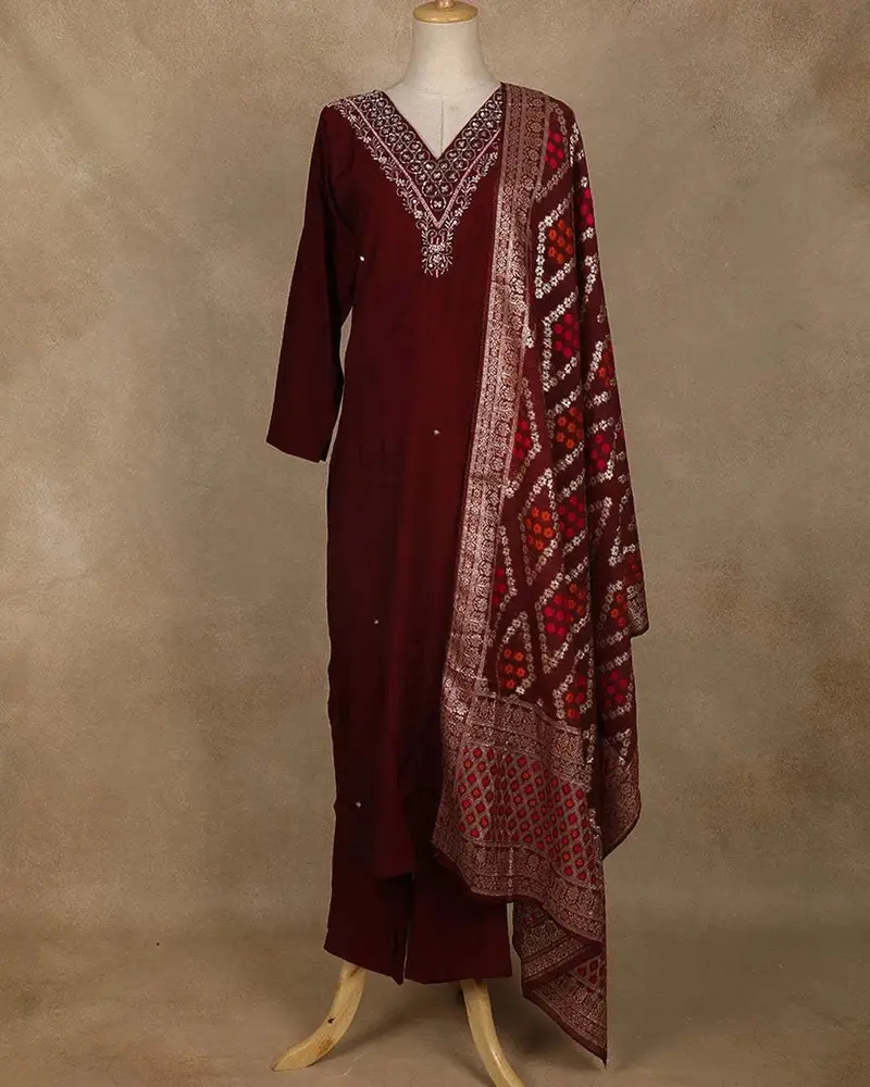 Dark Red Floral Designed Straight Cut Salwar Suit Online 1