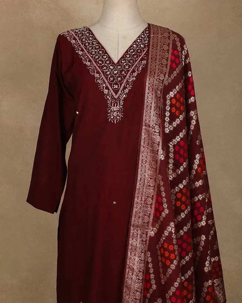 Dark Red Floral Designed Straight Cut Salwar Suit Online 2