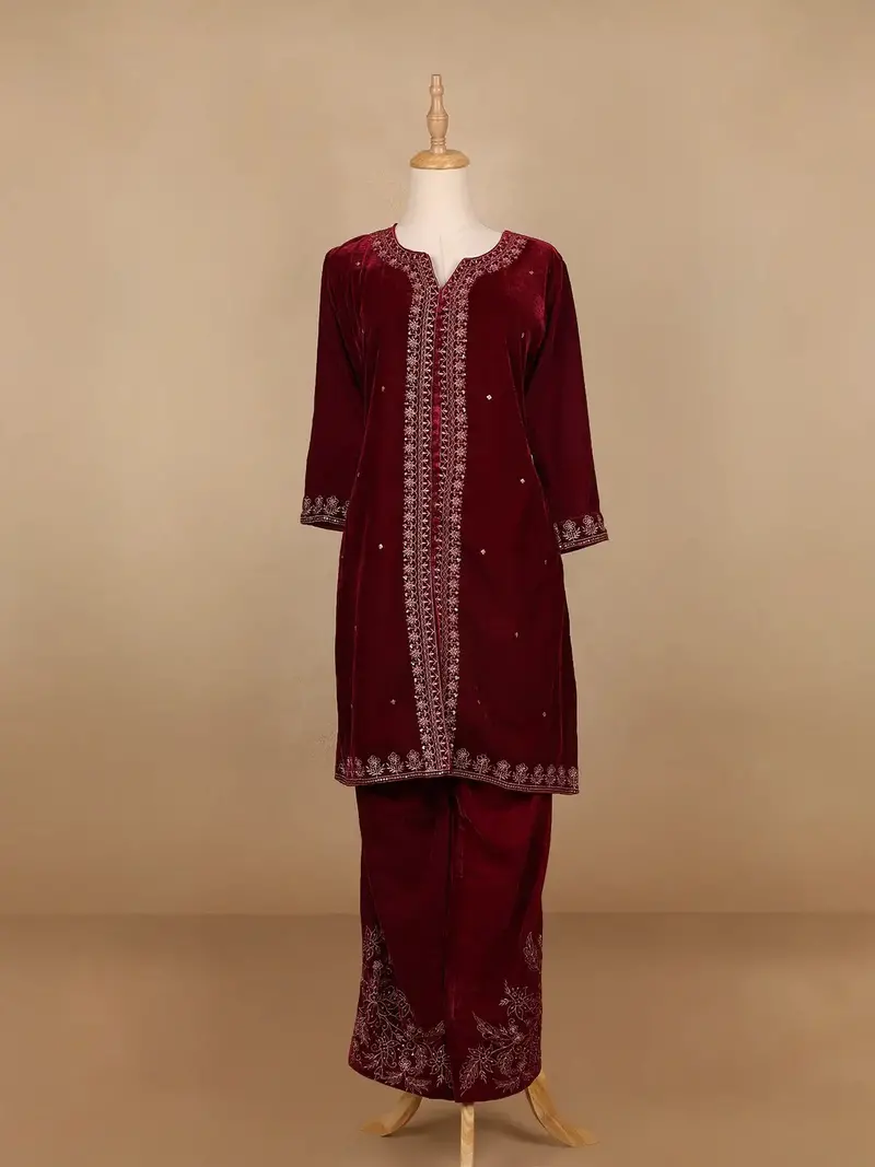 Dark Red Floral Designed Velvet Co Ord Salwar Suit 1
