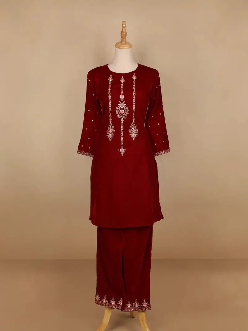 Dark Red Floral Designed Velvet Co Ord Salwar Suit 1