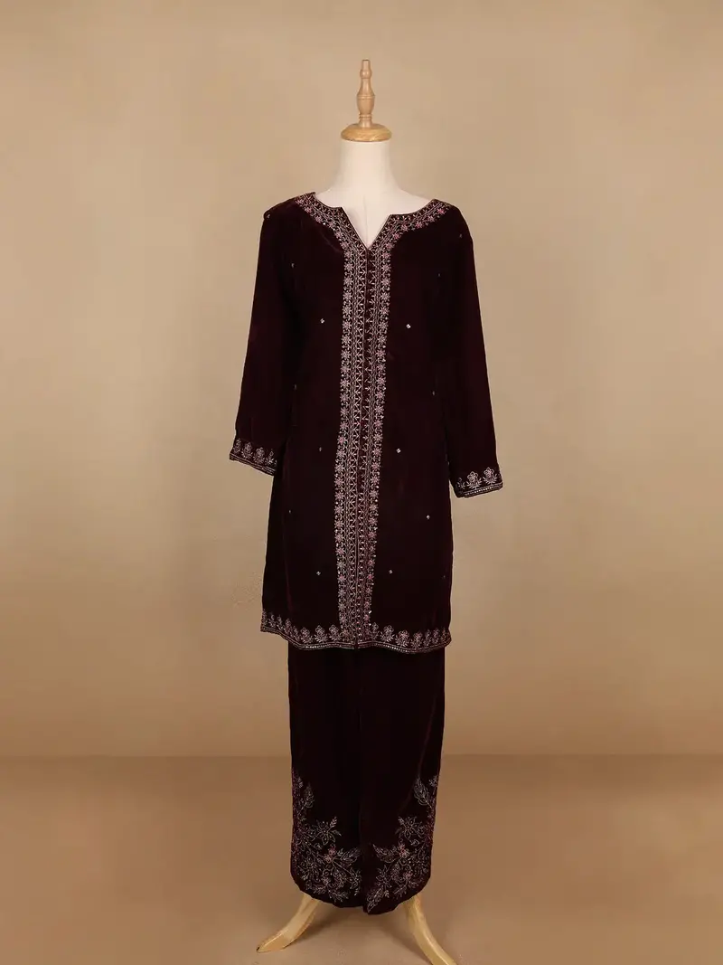 Dark Red Floral Designed Velvet Co Ord Salwar Suit 1
