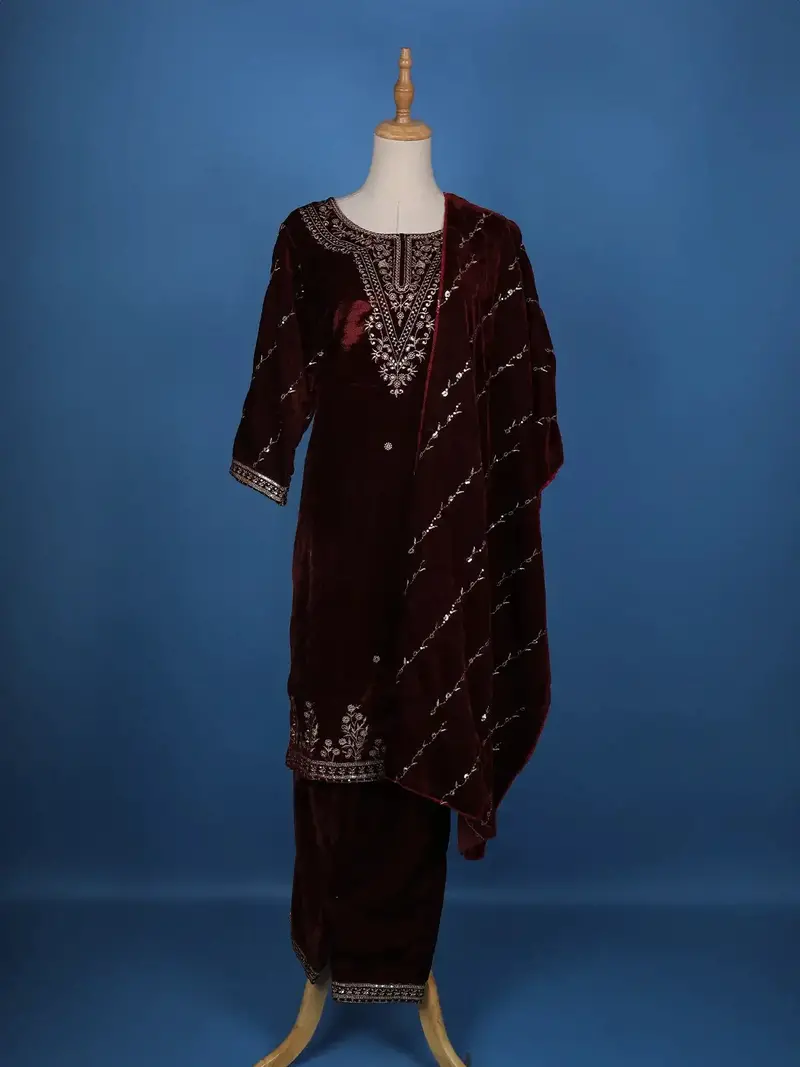 Dark Red Floral Designed Velvet Salwar Suit 1
