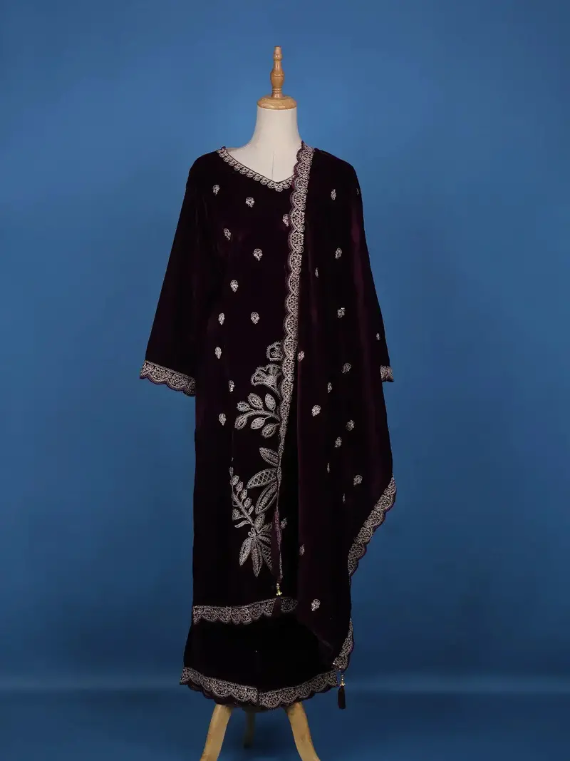 Dark Red Floral Designed Velvet Salwar Suit 1