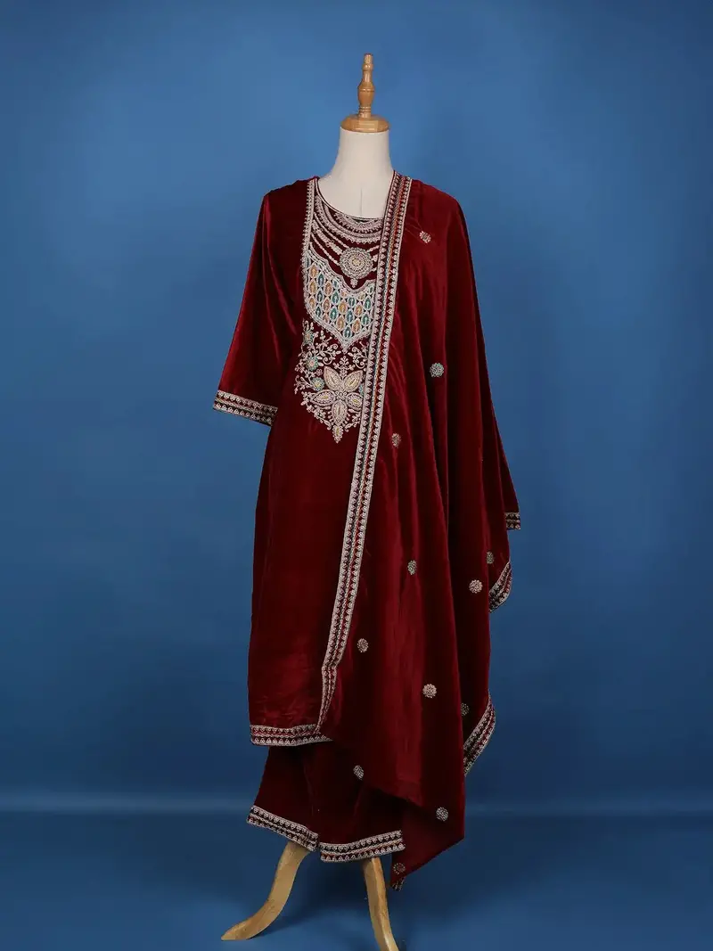 Dark Red Floral Designed Velvet Salwar Suit 1