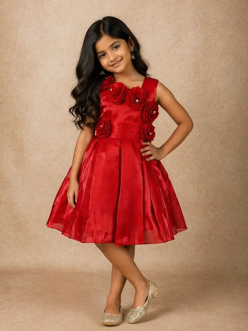 Dark Red Floral Embellished Design Satin Party Wear Kids Frock 1