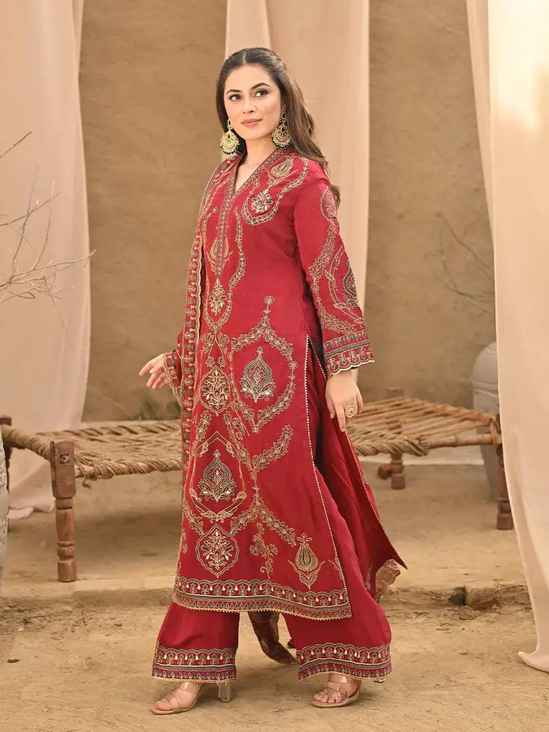 Dark Red Floral Embroidered Crepe Palazzo Salwar Suit 1