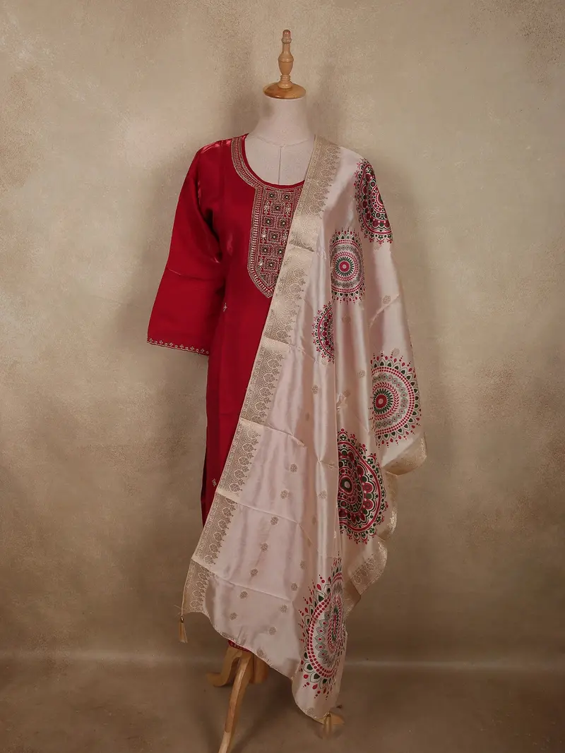 Dark Red Floral Embroidered Design Organza Salwar Suit With Contrast Dupatta 1