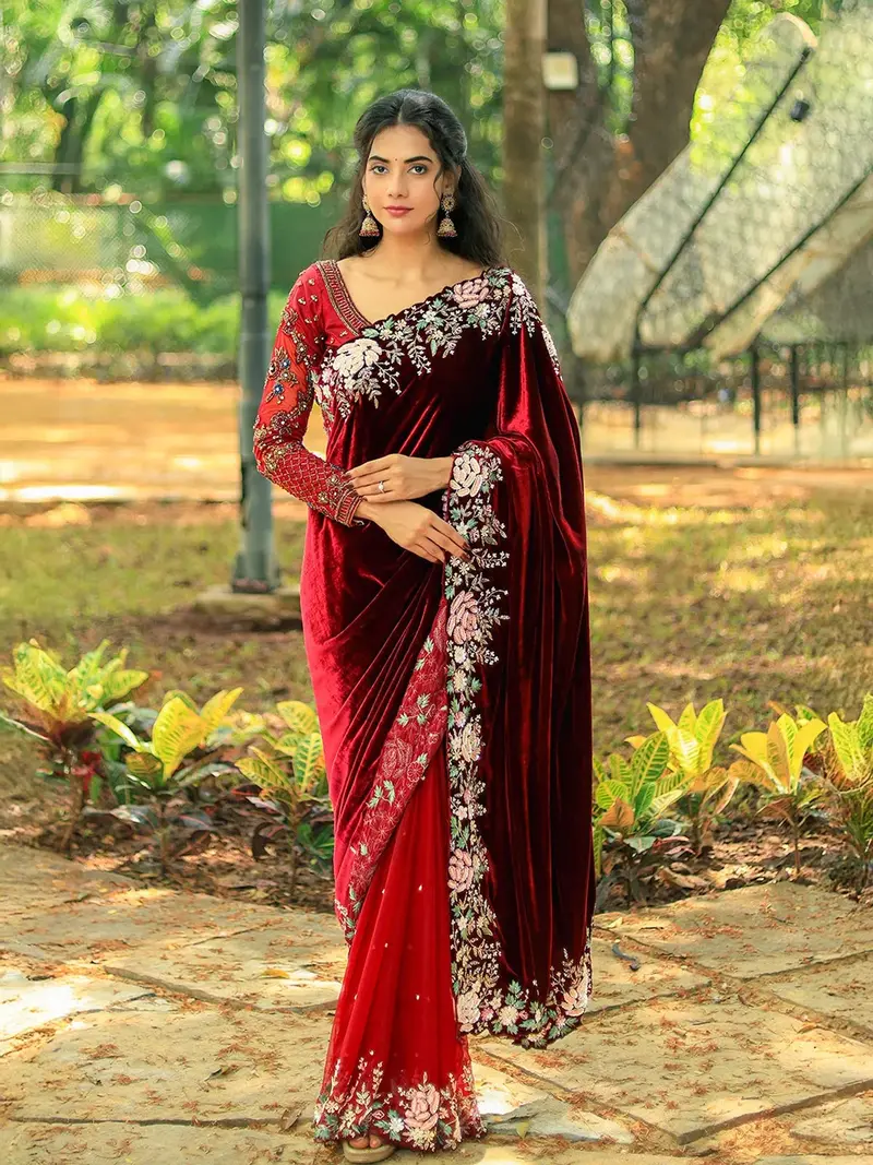 Dark Red Floral Embroidered Velvet Designer Saree 1