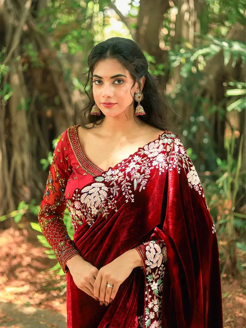 Dark Red Floral Embroidered Velvet Designer Saree 2