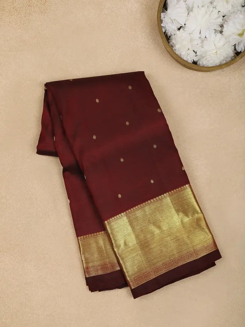 Dark Red Floral Motifs Pure Kanchipuram Silk Saree 1