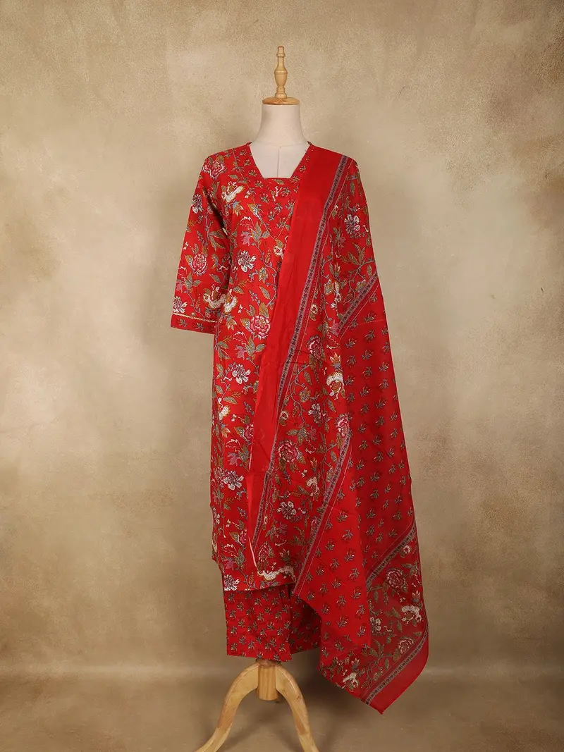 Dark Red Floral Printed Design Cotton Straight Cut Salwar Suit With Dupatta 1