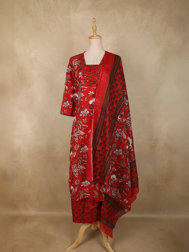 Dark Red Floral Printed Design Cotton Straight Cut Salwar Suit With Dupatta 1