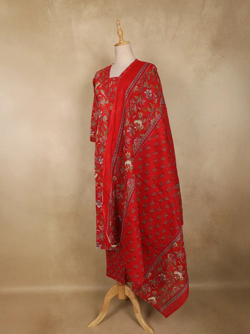 Dark Red Floral Printed Design Cotton Straight Cut Salwar Suit With Dupatta 3