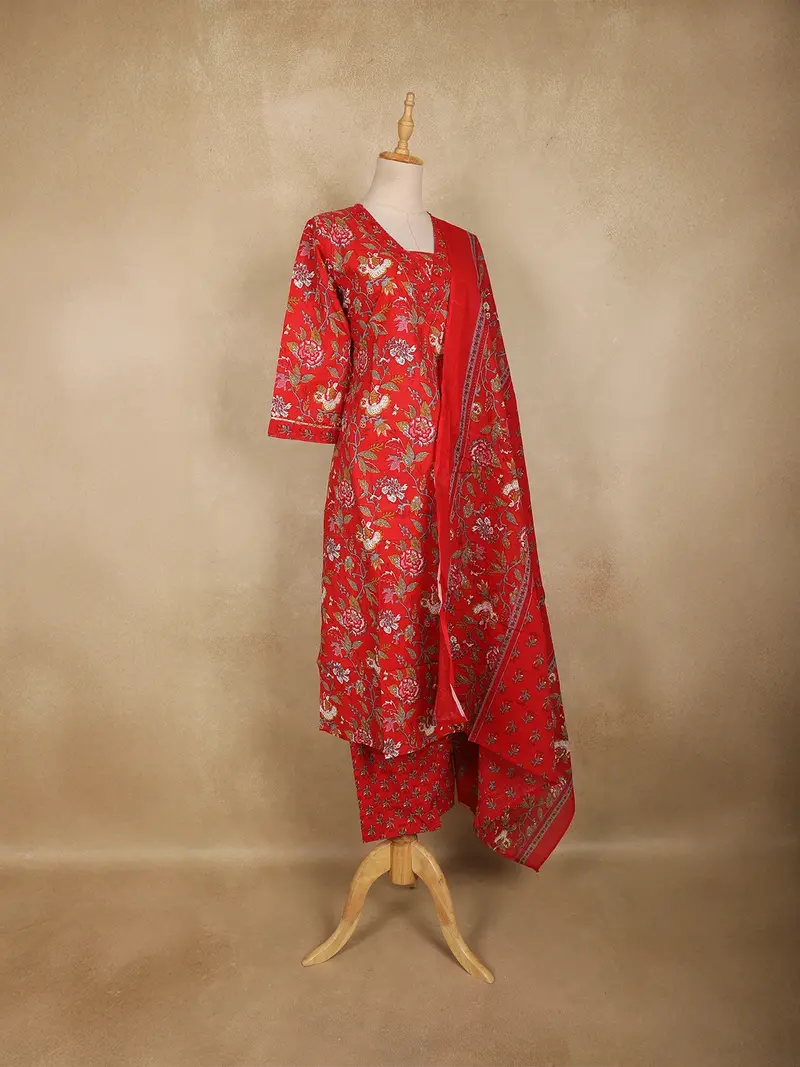 Dark Red Floral Printed Design Cotton Straight Cut Salwar Suit With Dupatta 4