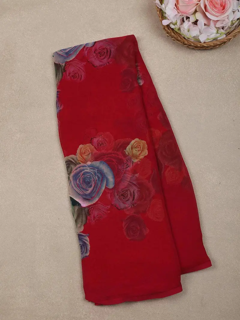 Dark Red Floral Printed Georgette Saree 1
