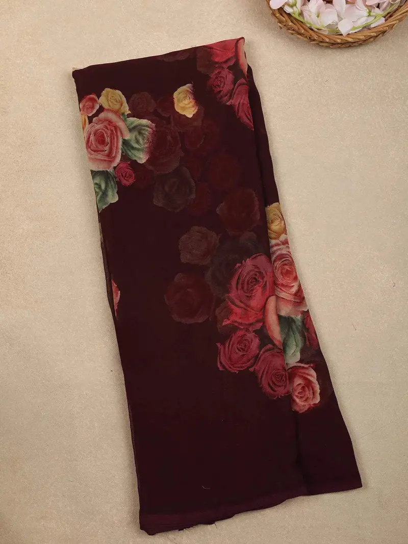 Dark Red Floral Printed Georgette Saree With Matching Pallu 1