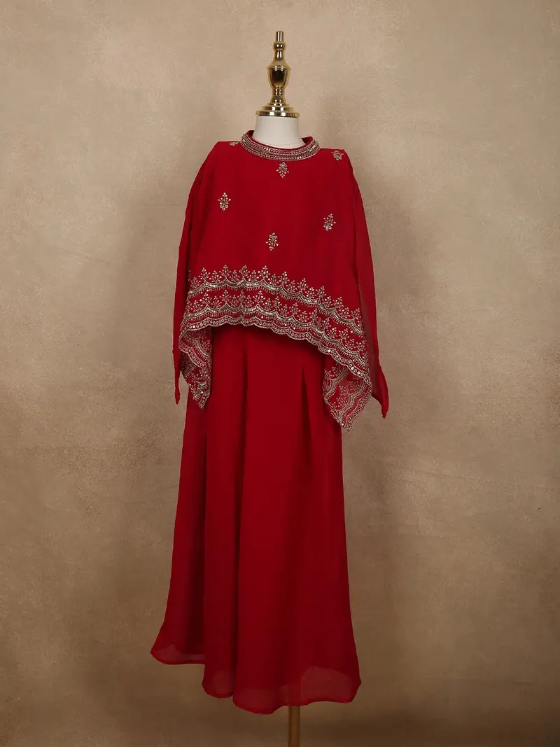 Dark Red Floral Sequins And Beads Embroidered Design Georgette Kids Palazzo Suit With Kaftan Sleeve 1