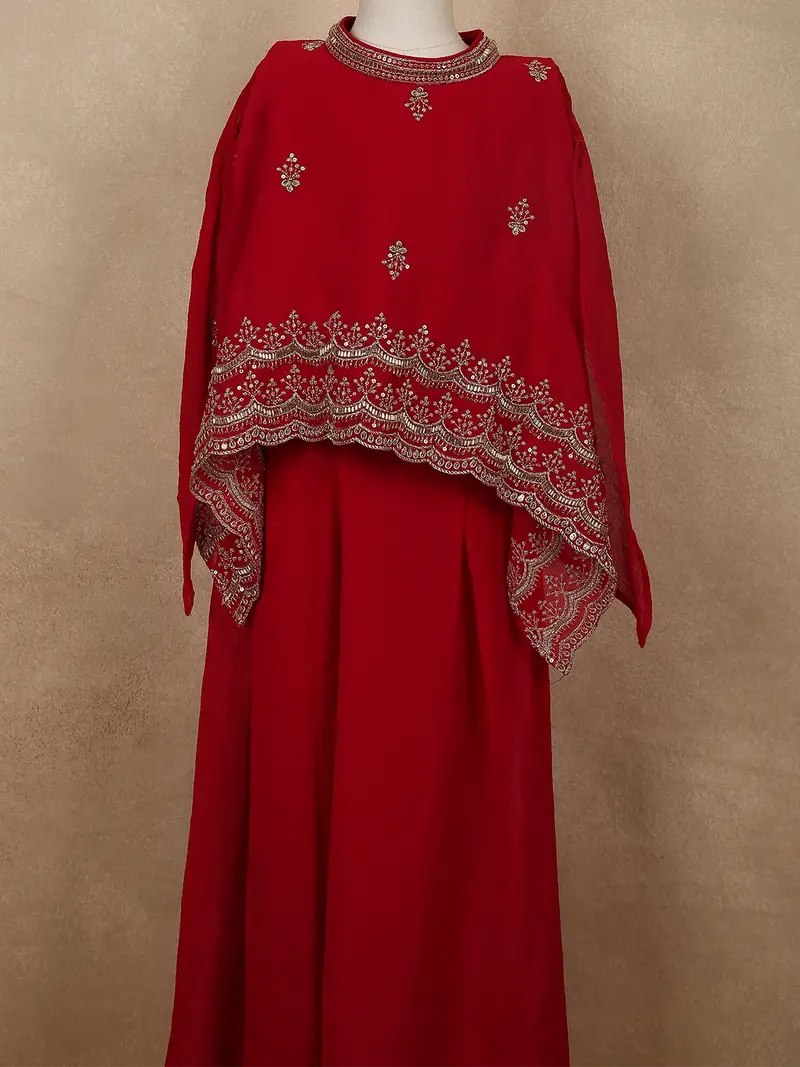 Dark Red Floral Sequins And Beads Embroidered Design Georgette Kids Palazzo Suit With Kaftan Sleeve 2