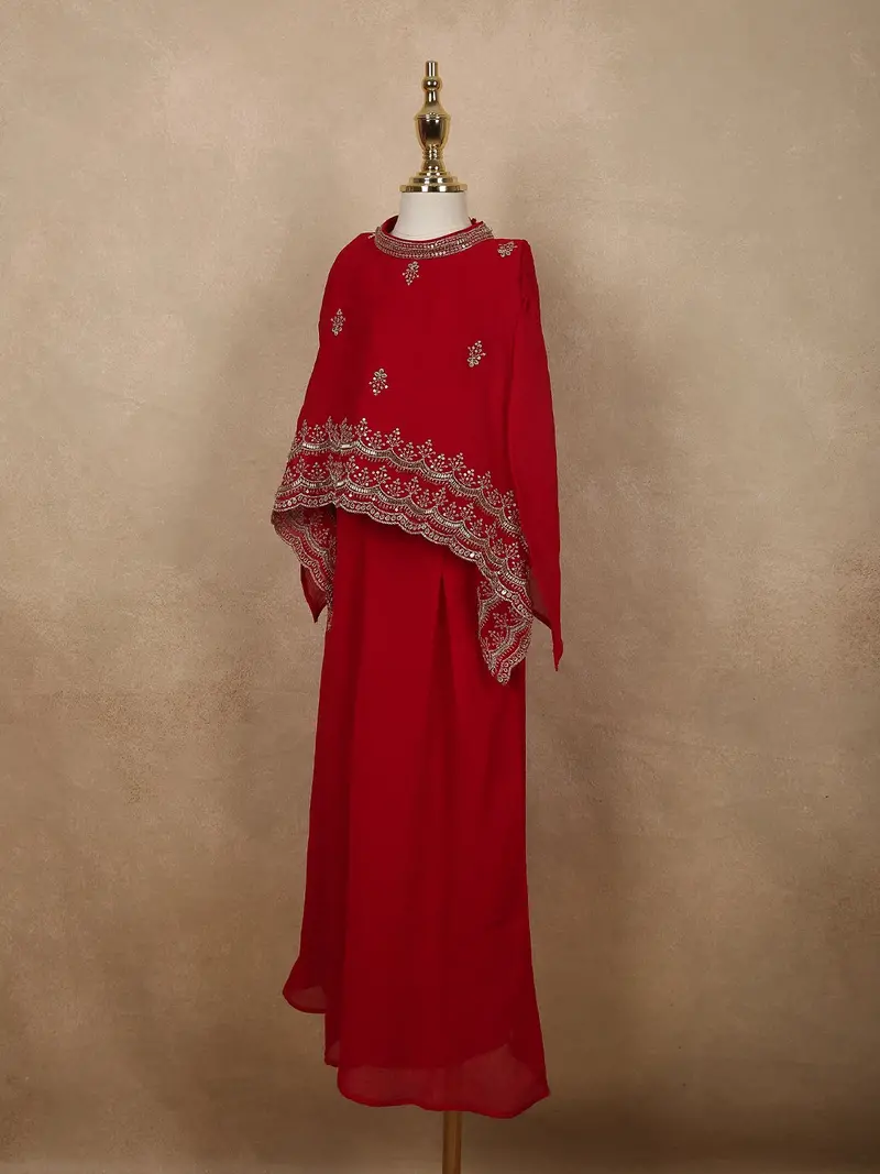 Dark Red Floral Sequins And Beads Embroidered Design Georgette Kids Palazzo Suit With Kaftan Sleeve 3