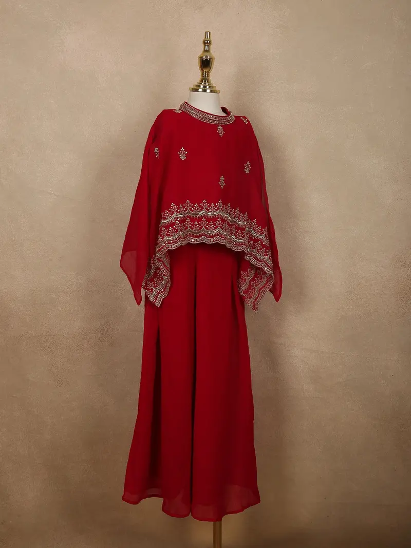 Dark Red Floral Sequins And Beads Embroidered Design Georgette Kids Palazzo Suit With Kaftan Sleeve 4