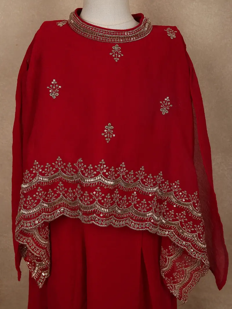 Dark Red Floral Sequins And Beads Embroidered Design Georgette Kids Palazzo Suit With Kaftan Sleeve 5
