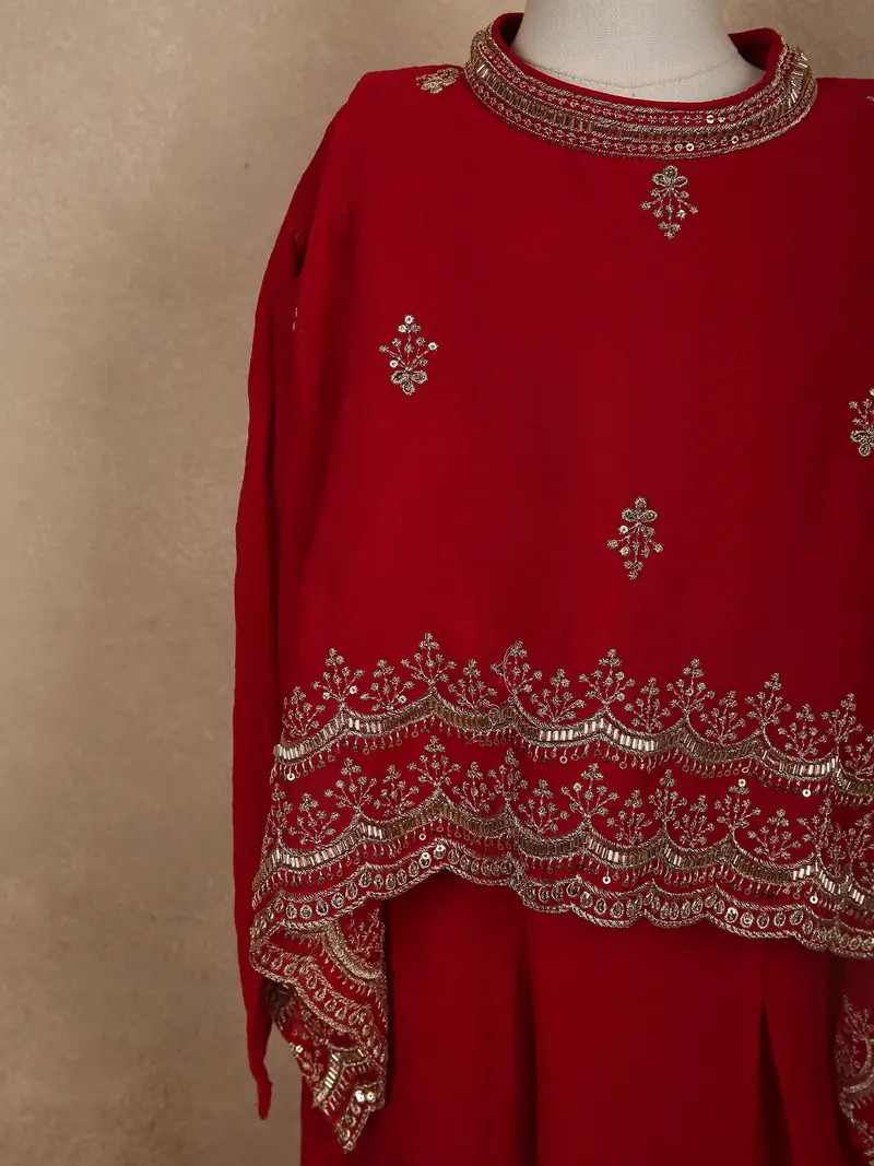 Dark Red Floral Sequins And Beads Embroidered Design Georgette Kids Palazzo Suit With Kaftan Sleeve 6