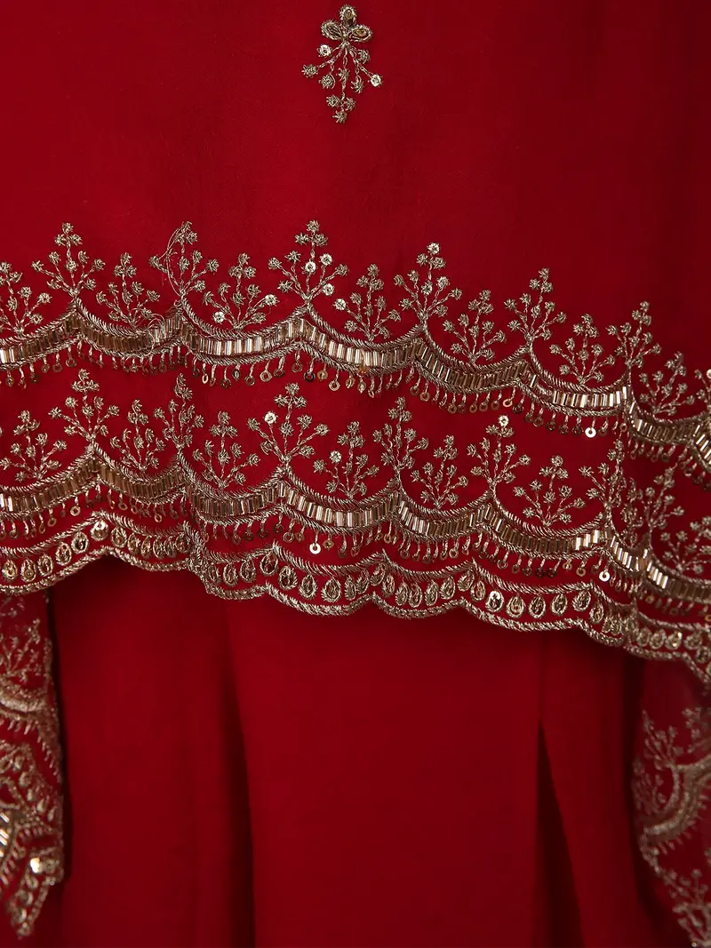 Dark Red Floral Sequins And Beads Embroidered Design Georgette Kids Palazzo Suit With Kaftan Sleeve 7