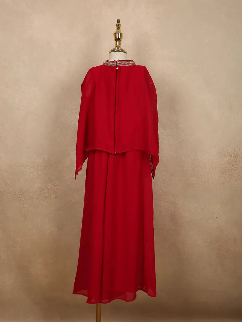 Dark Red Floral Sequins And Beads Embroidered Design Georgette Kids Palazzo Suit With Kaftan Sleeve 8