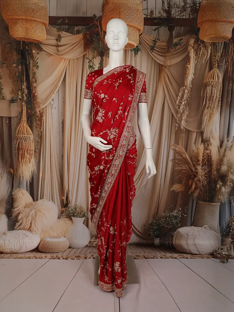 Dark Red Floral Sequins And Beads Embroidered Design Satin Designer Saree 1