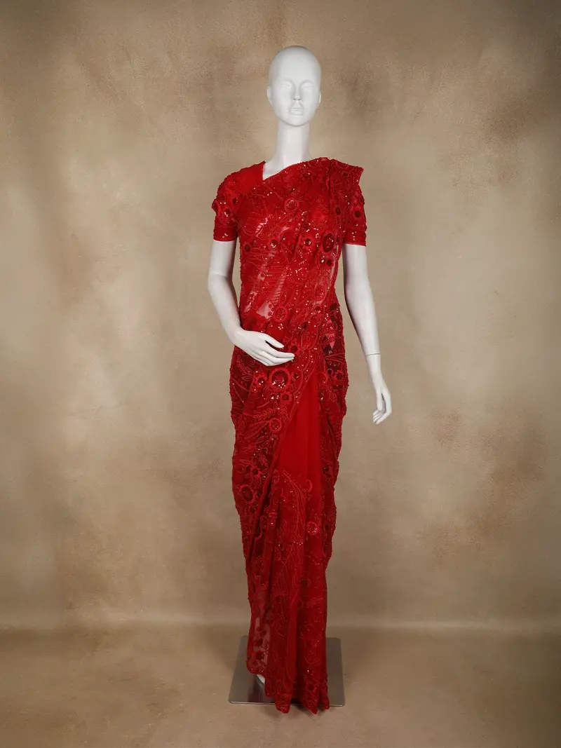 Dark Red Floral Sequins  And Thread Embroidered Design Net Designer Saree 1