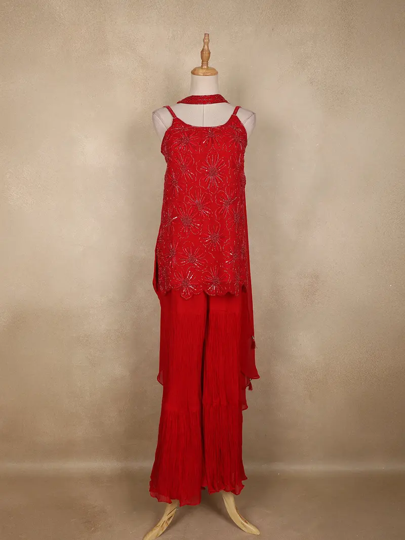 Dark Red Floral Sequins Design Georgette Sharara Set 1