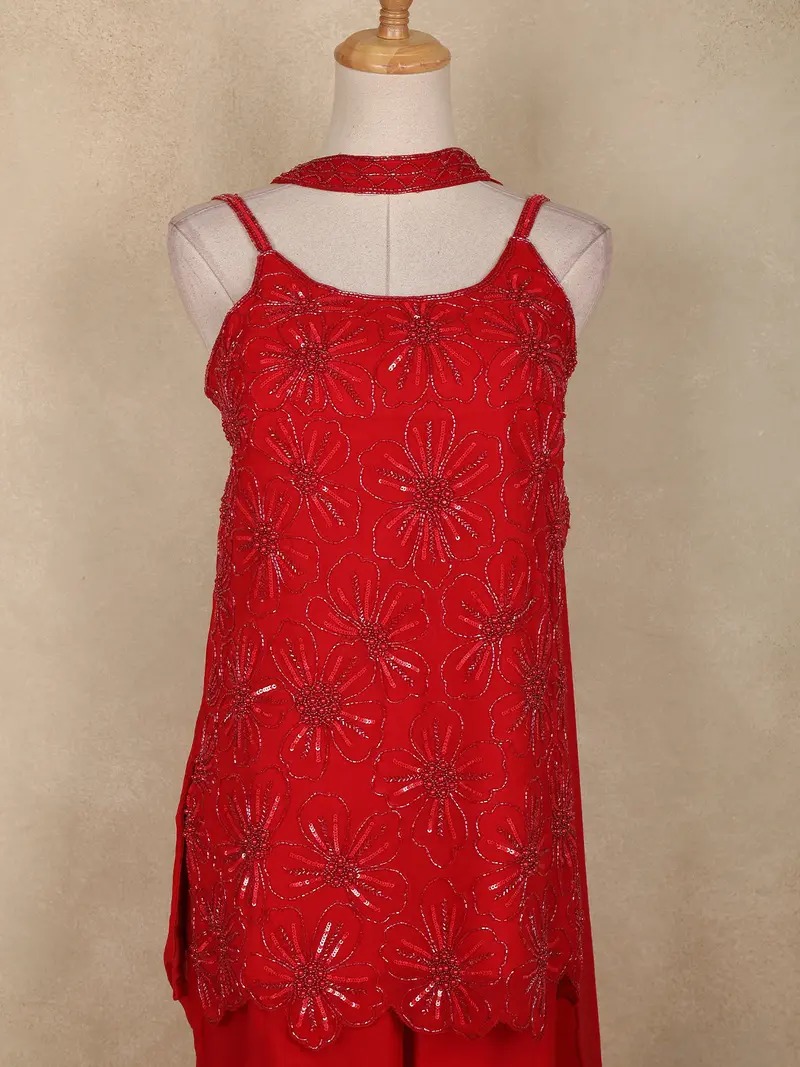 Dark Red Floral Sequins Design Georgette Sharara Set 2