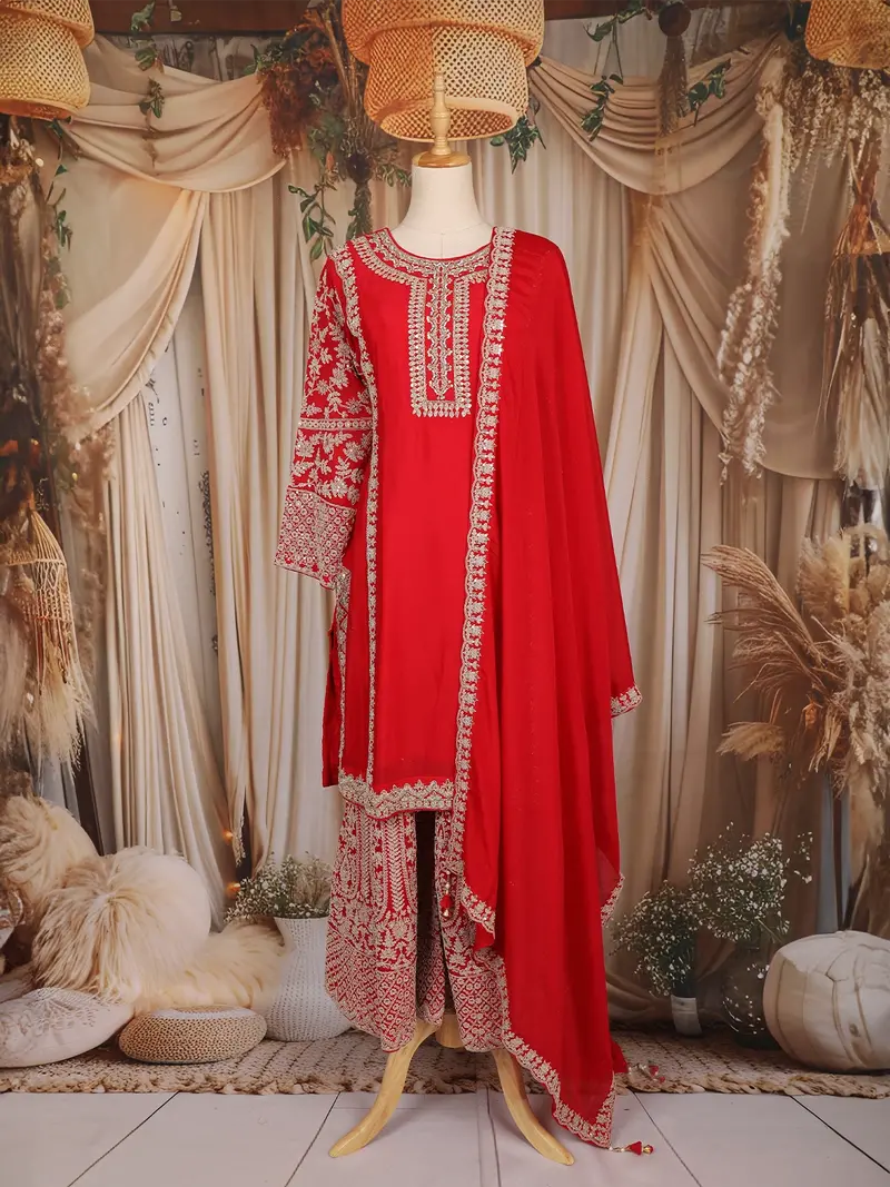 Dark Red Floral Thread Embroidered Design Crepe Palazzo Suit 1