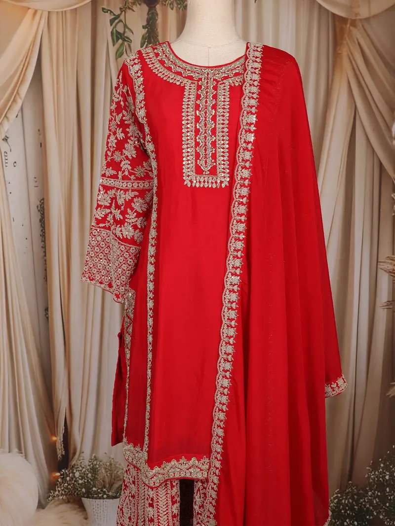 Dark Red Floral Thread Embroidered Design Crepe Palazzo Suit 2