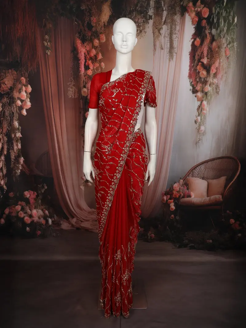 Dark Red Floral Vine Sequins Embroidered Design Crepe Silk Fancy Saree With Scalloped Border 2